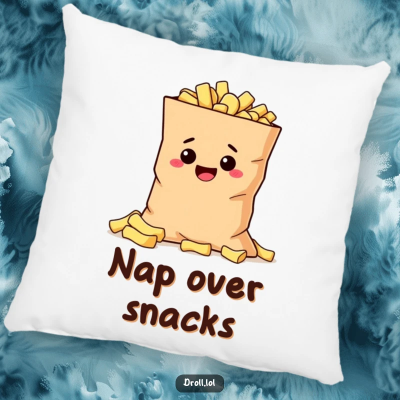 Funny mischievous potato hiding behind a giant bag of chips, designed for a soft and humorous throw pillow.