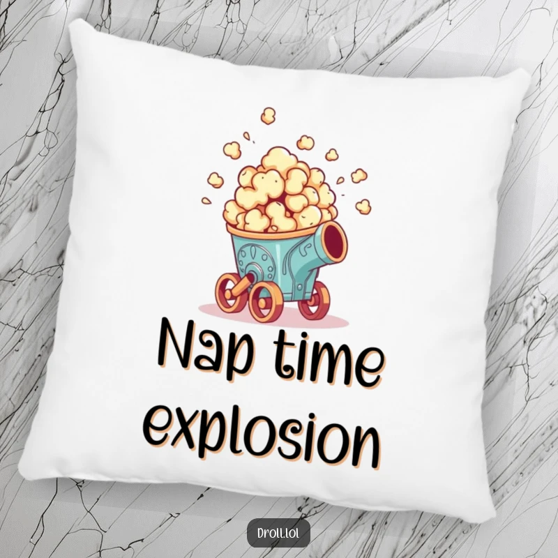 Funny pillow: A piece of popcorn blasting from a miniature, ornate cannon, designed for comfortable and humorous relaxation.