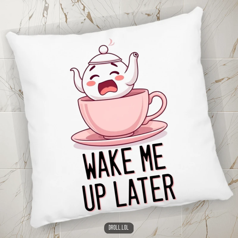 Funny Startled Teapot Pillow: A plush pillow featuring a startled teapot comically leaping from a teacup, bringing comfort and humor.