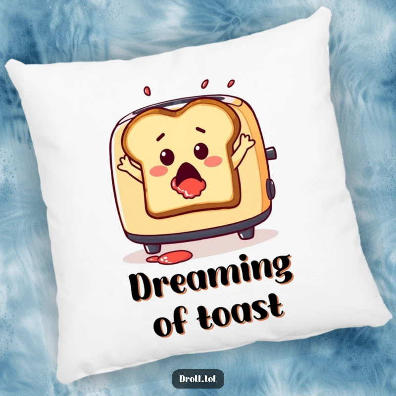 Funny pillow featuring a surprised slice of toast leaping from a toaster with jam splatter, soft and humorous.