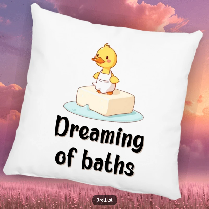 Funny pillow showcasing a duck wearing an apron humorously tripping on a large, slick bar of soap.