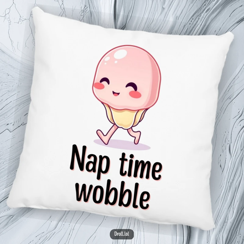 Funny pillow showcasing a wobbly jelly character with an uncontrollable, hilarious wobble, perfect for cozy, humorous decor.
