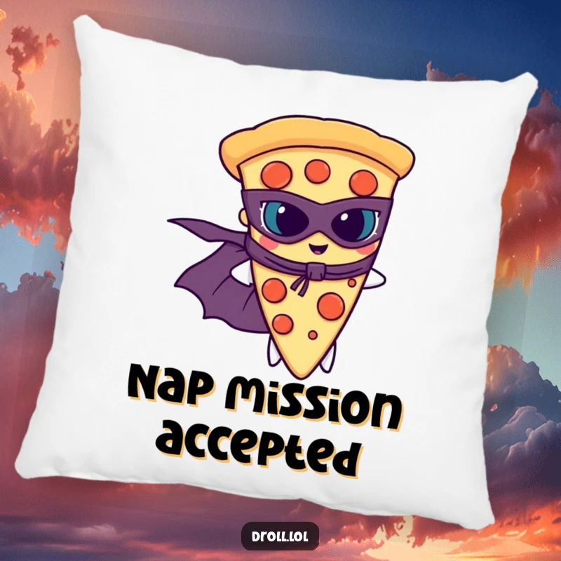 Funny slice of pizza with a superhero cape and mask, depicted on a soft and humorous pillow.