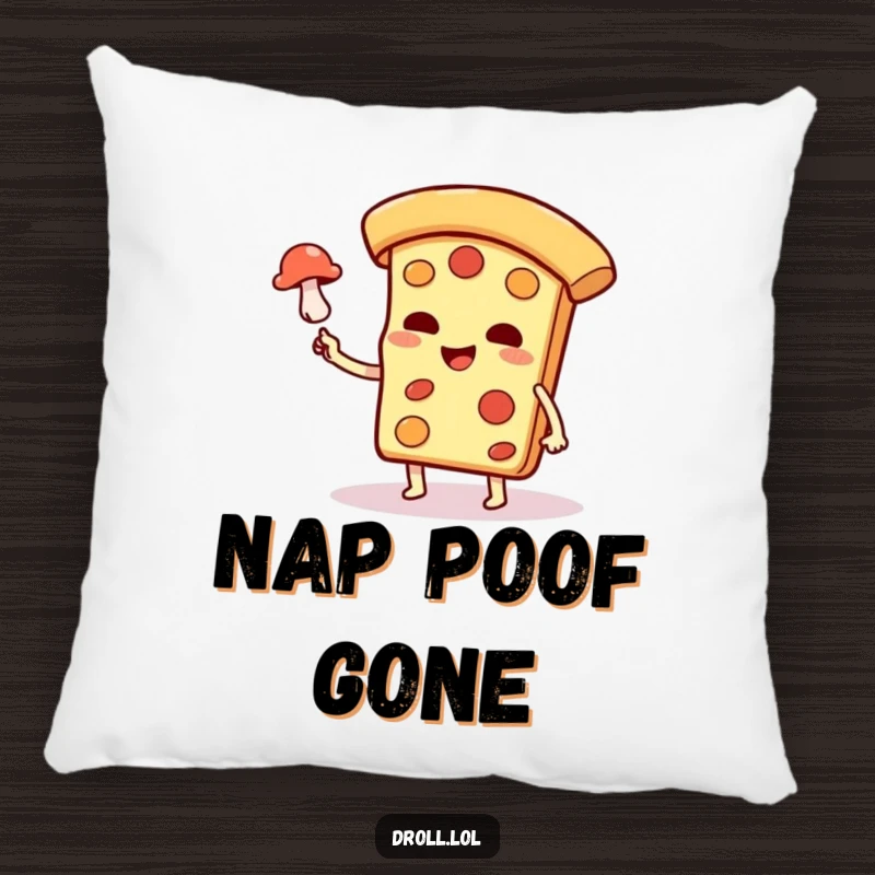Funny smug pizza slice character levitating a mushroom on a soft, decorative pillow, perfect funny gift.