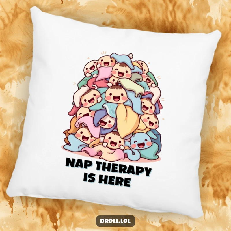 Funny laundry pillow showcasing a tumbling pile of happy-faced clothes, offering cozy comfort and a burst of cheerful domesticity.