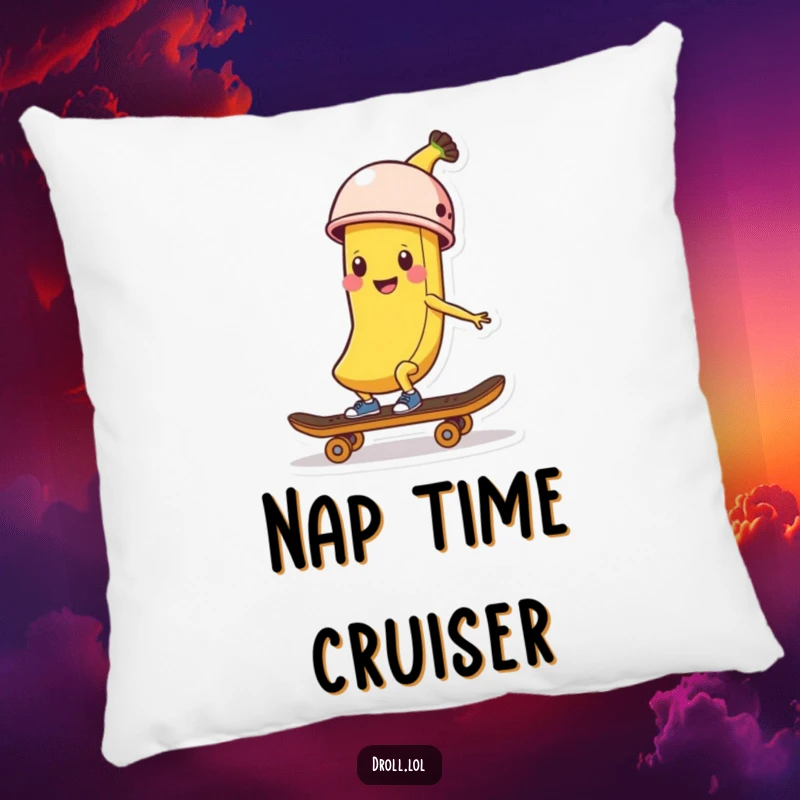Funny Banana Skater Pillow: A soft pillow featuring a happy banana peel in a helmet riding a skateboard for ultimate comfort.