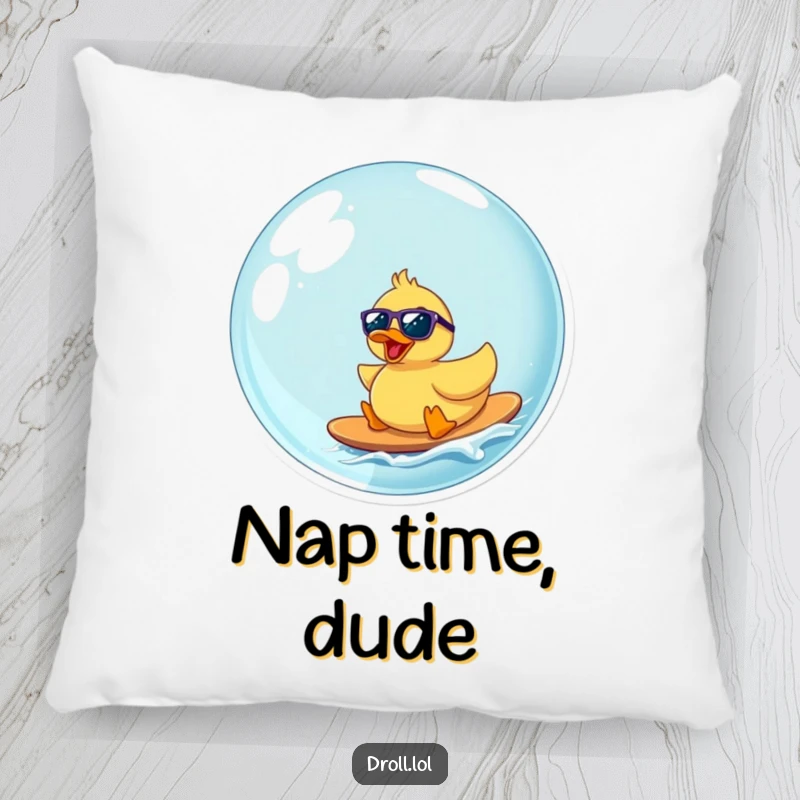 Funny rubber duck with sunglasses surfing a big bubble, a humorous and comfortable pillow for sofa or bed.