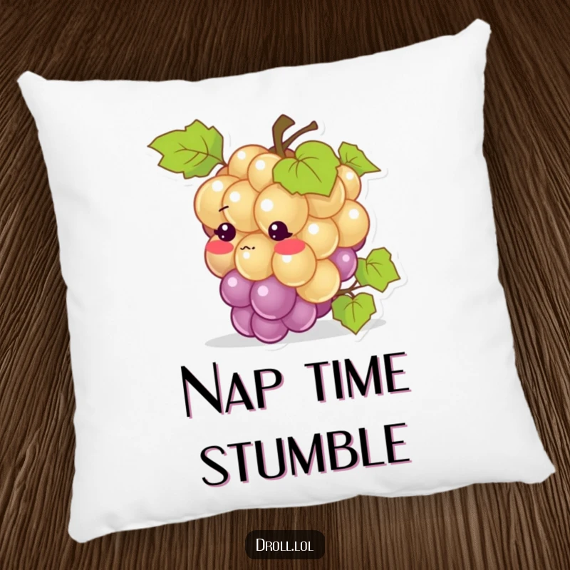 Funny pillow: A blushing grape tripping over its vine, designed for comfortable lounging and adding a touch of humor.