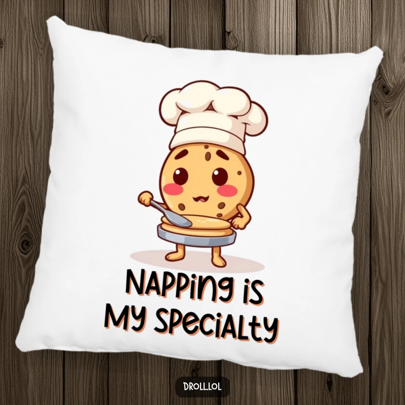 Funny cookie chef flipping pancakes, a soft and humorous decorative pillow for food lovers.