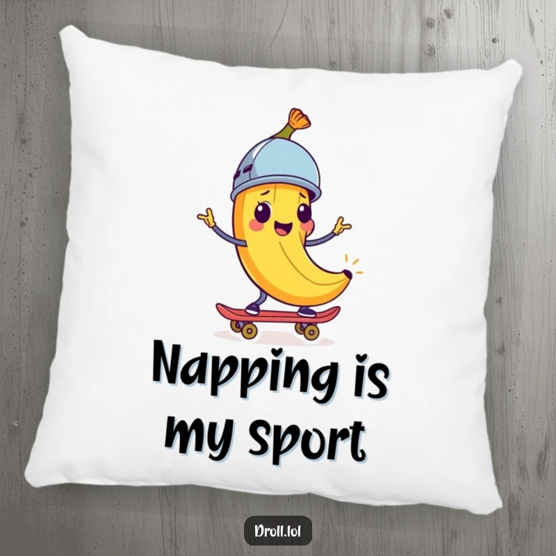 Funny Pillow: A happy banana peel wearing a helmet rides a skateboard. Soft, humorous adventure decor.