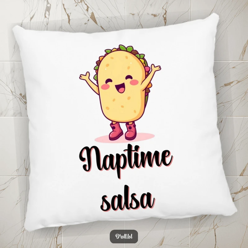 Funny pillow featuring a happy taco character in boots dancing silly, offering comfort and festive decor.