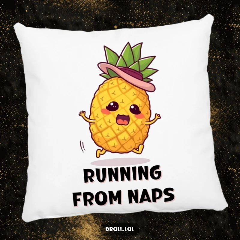 Funny pillow showcasing a panicked pineapple character with tiny legs and a jaunty hat, running away in a comical and absurd manner.