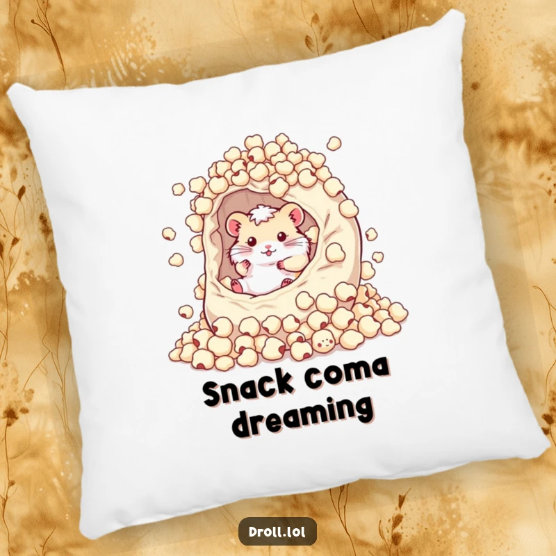 Funny throw pillow showing a happy hamster rolling around in a giant, overflowing bag of popcorn kernels, adding snack-themed humor.