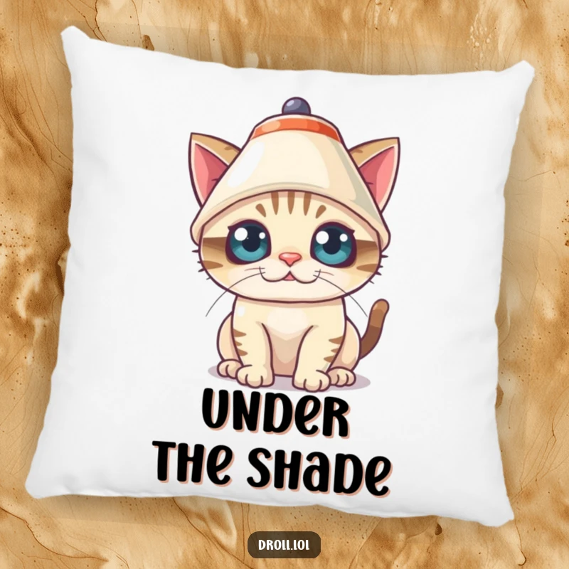 Funny Pillow featuring a mischievous cat comically wearing a lampshade hat with wide eyes, offering comfort and playful charm.