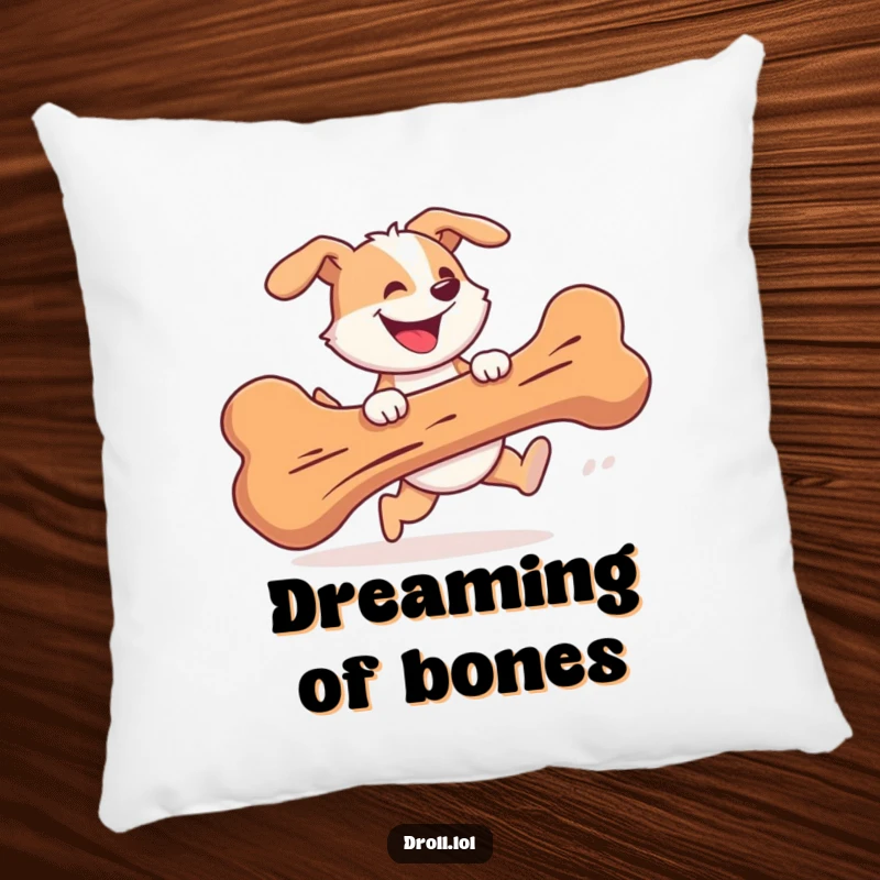 Funny Pillow featuring a cheerful dog gleefully chasing a giant bone with a silly grin, offering comfort and playfulness.