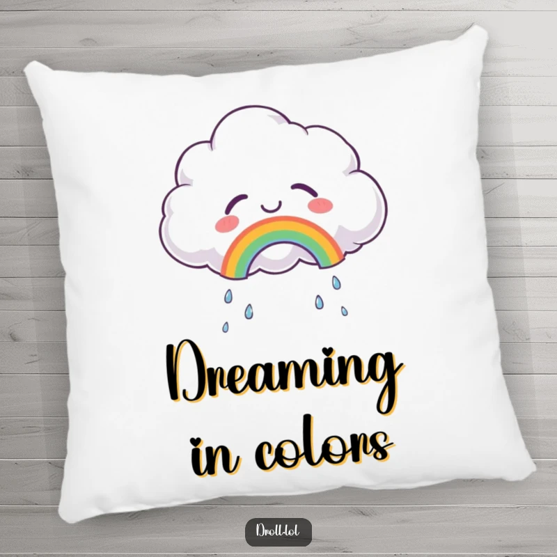 Funny pillow featuring a fluffy cloud crying tears of joy, forming a small rainbow, providing soft comfort and a cheerful feel.