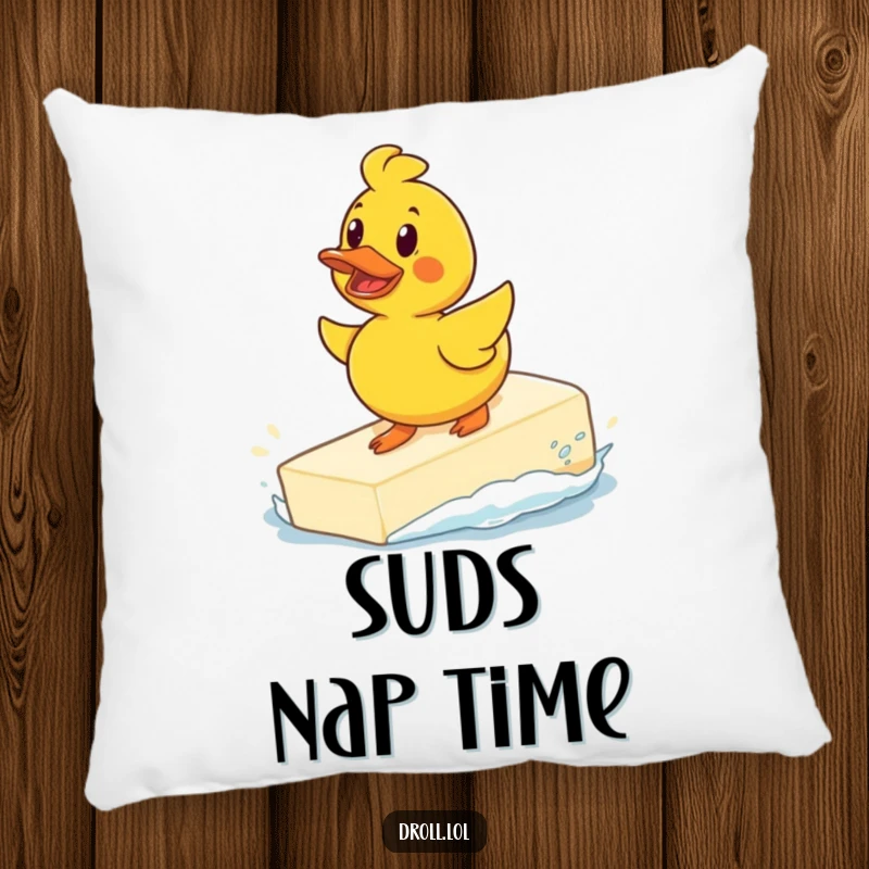Funny determined rubber duck surfing a giant bar of soap on a soft pillow, a humorous and comforting decorative item.