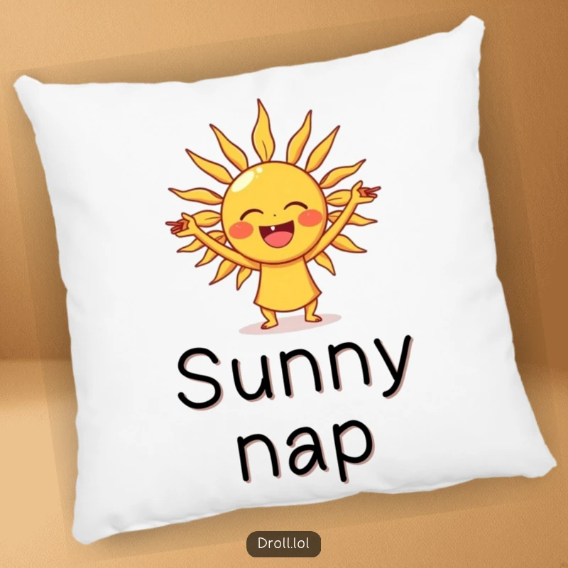 Funny laughing sun pillow, soft and decorative, featuring a sun stretching its rays into yoga poses.