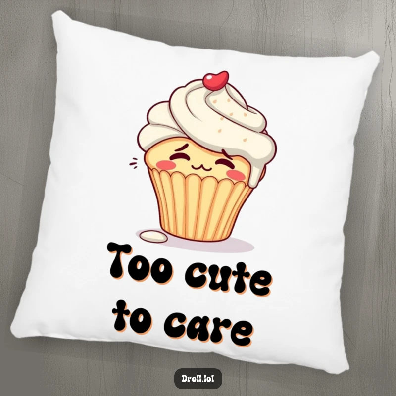 Funny embarrassed cupcake character blushing with frosting dripping down its side on a soft pillow.