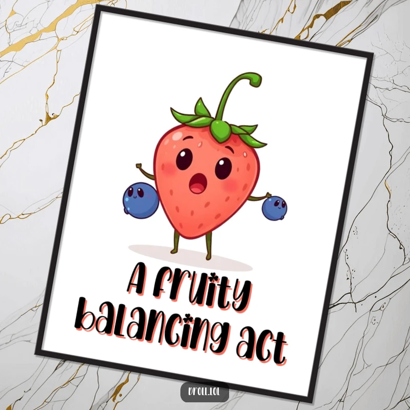 Funny digital art print of a surprised strawberry enthusiastically juggling blueberries, a whimsical and humorous piece for digital display.