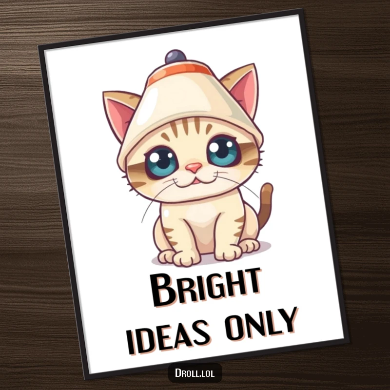 Funny Digital Art Print of a mischievous cat comically wearing a lampshade with wide eyes, offering instant fun.