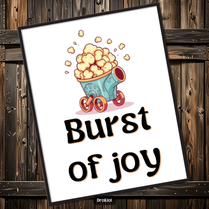 Funny digital art print: A cheerful popcorn kernel launching from a miniature, ornate cannon, creating an explosive and fun visual.