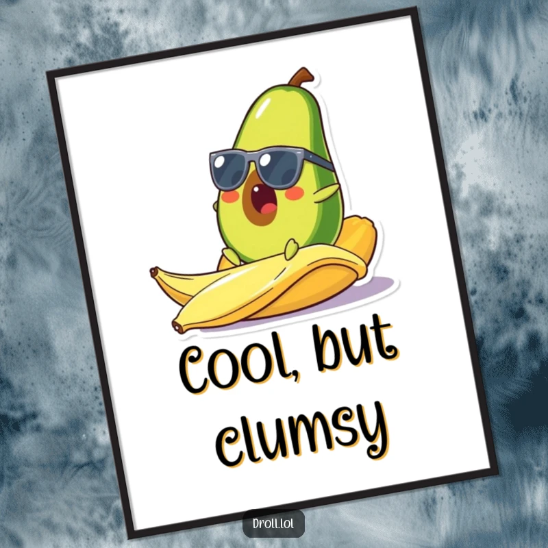 Funny digital art print of a cool avocado in sunglasses comically slipping on a banana peel, ideal for instant wall decor with a humorous touch.