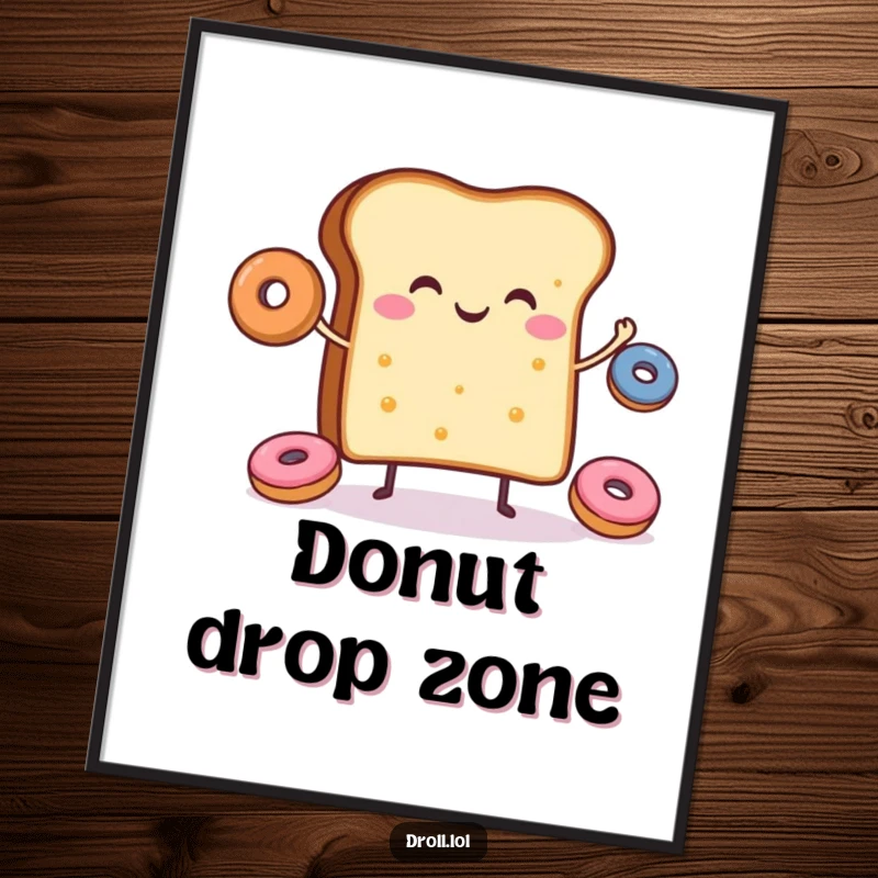 Funny digital art print of a cheerful slice of toast happily juggling small donuts, perfect for printing.
