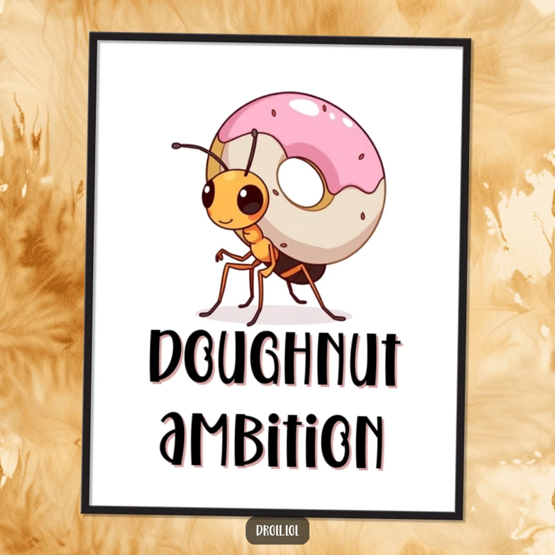 Funny digital art of a small, determined ant carrying a donut significantly larger than itself, a powerful image of effort.