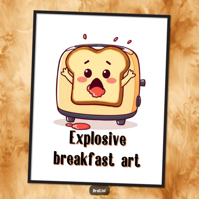Funny digital art print of a surprised slice of toast leaping from a toaster with jam splatter, for decor.