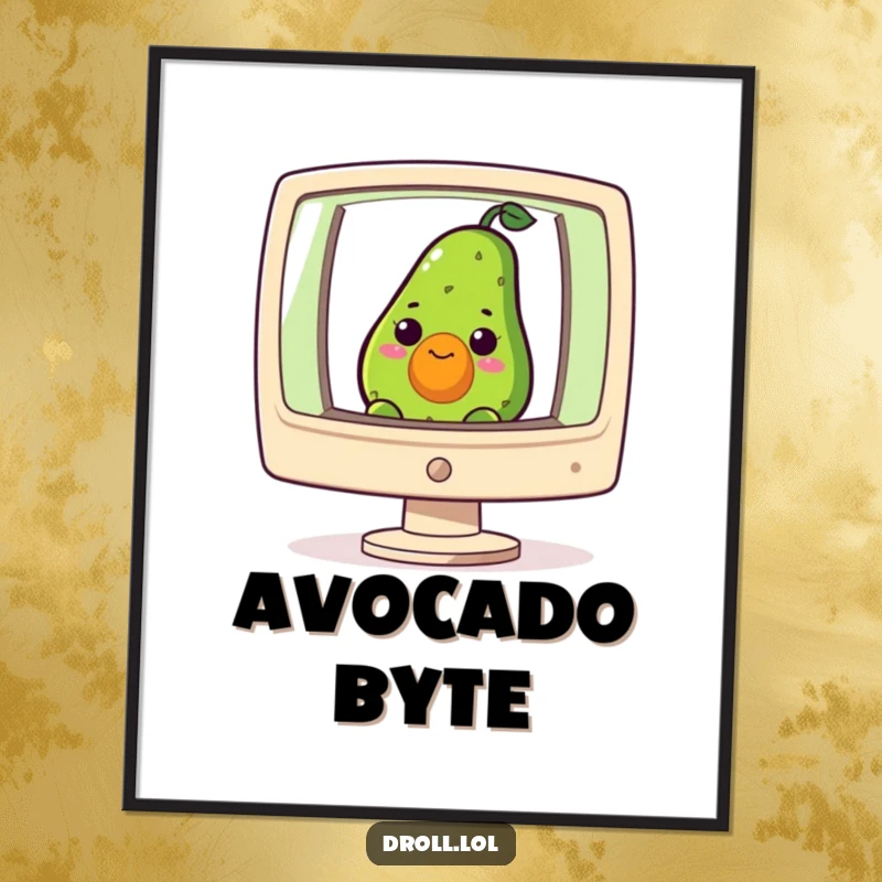Funny digital art print of a curious avocado peeking from a giant computer screen, perfect for humorous decor.
