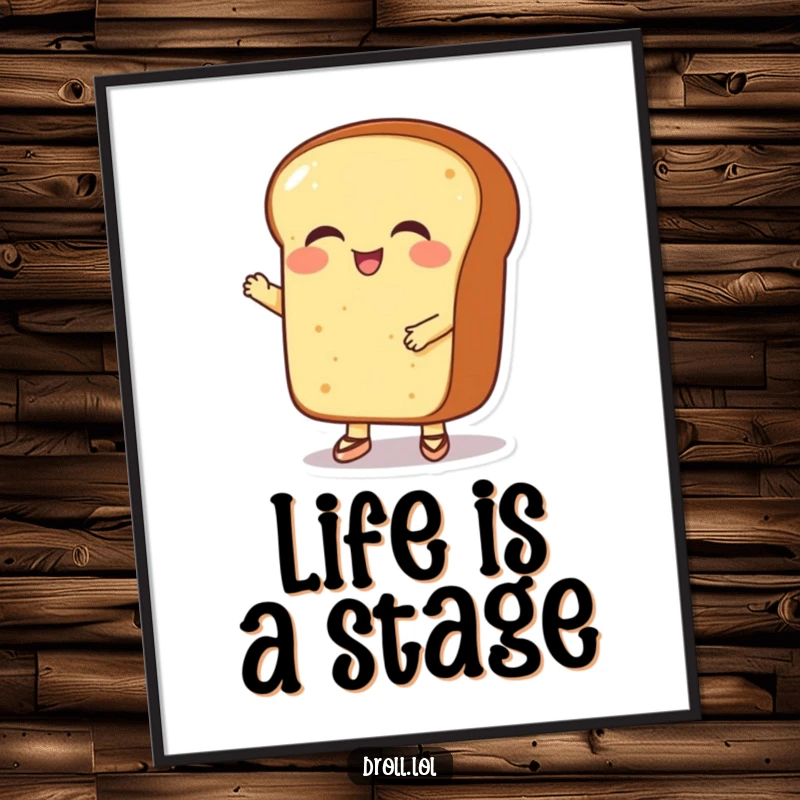 Funny giggling bread loaf wearing tiny ballet shoes, performing a ballet routine, available as digital art.