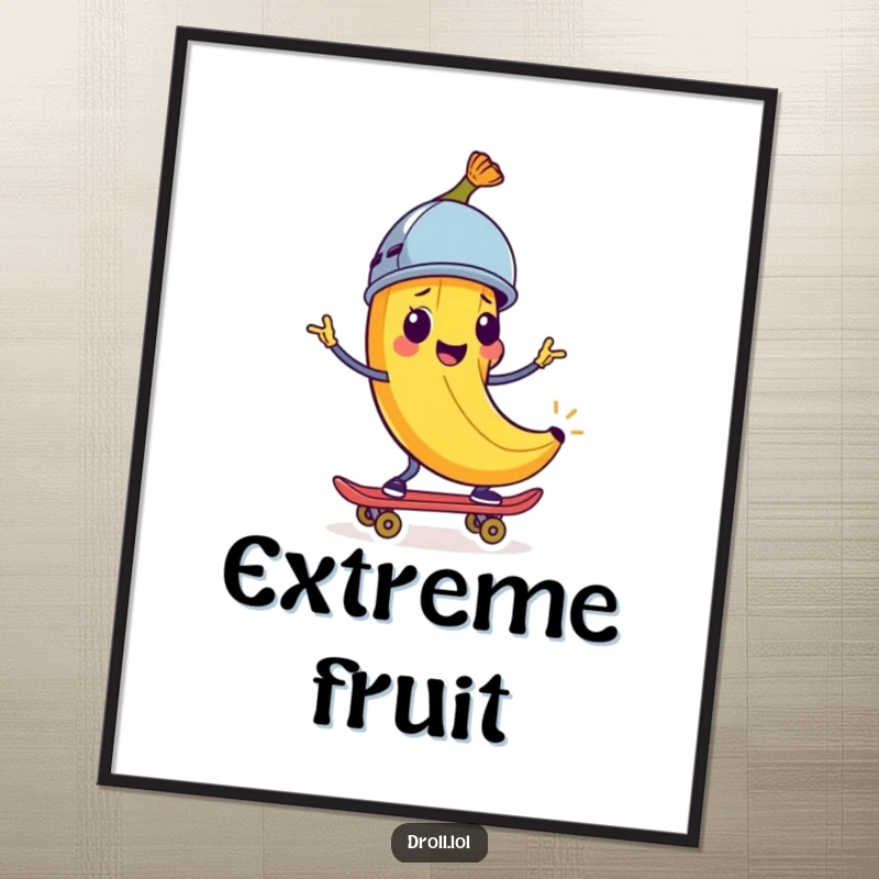 Funny Digital Art Print: A cheerful banana peel with a tiny helmet rides a skateboard. Humorous adventure art.