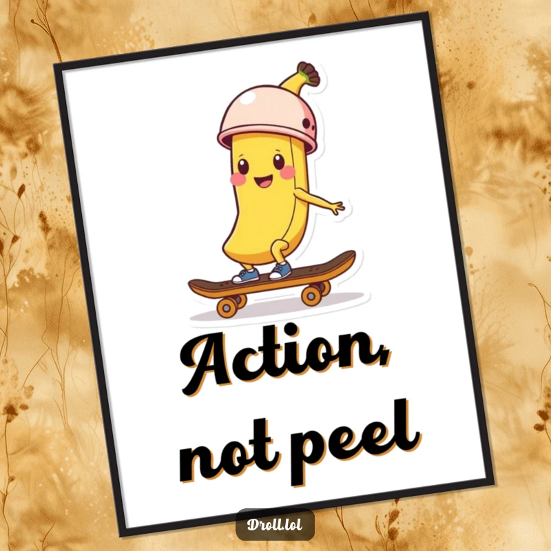 Funny Banana Skater Digital Art Print: A lively depiction of a happy banana peel in a helmet rocking a skateboard.
