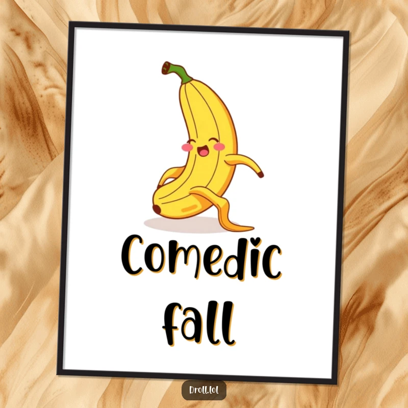 Funny digital art print of a giggling banana in a spectacular, exaggerated slip on a banana peel, full of comedic energy and a funny expression.