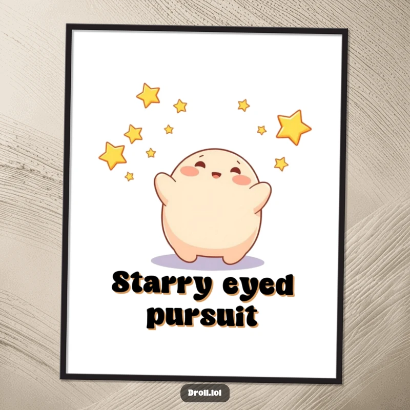 Funny digital art print of a happy blob character catching shimmering falling stars, ready for download.