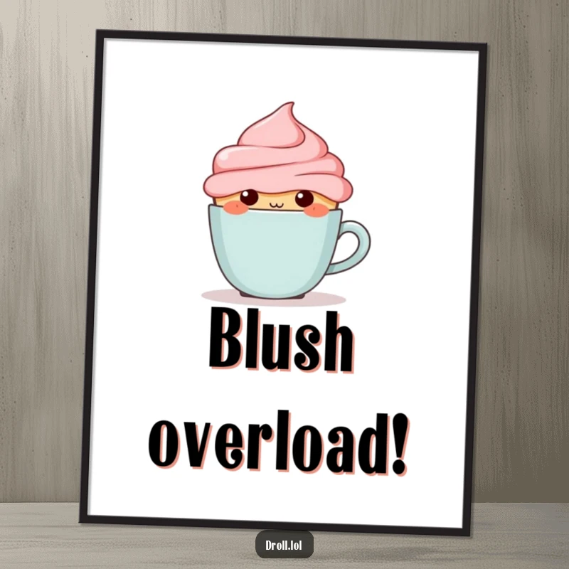 Funny blushing cupcake hiding behind a small coffee cup, available as a high-resolution digital art print.