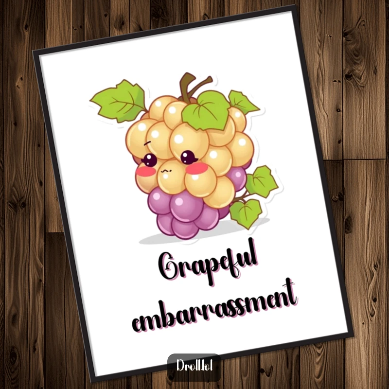 Funny digital art print: A grape blushing intensely after tripping over its vine, bringing sweet, relatable humor.