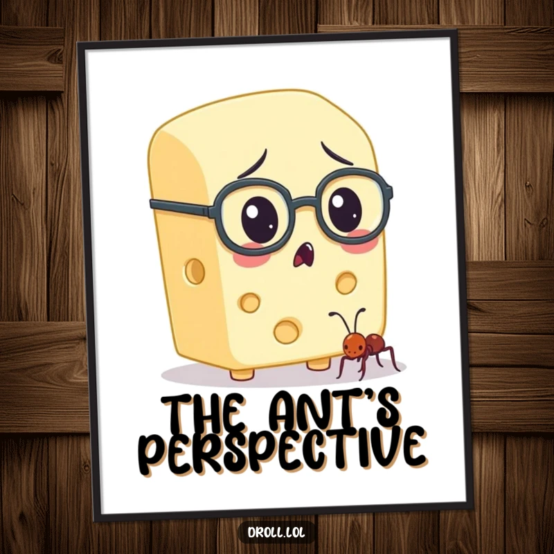 Funny block of cheese wearing spectacles, intently observing a tiny ant, printable digital art for whimsical and humorous decor.