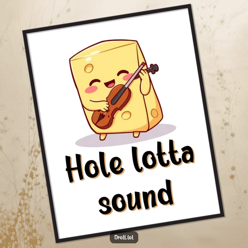Funny smiling cheese wedge playing a tiny violin as a digital art print, offering instant humorous wall decor.