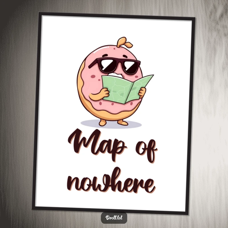 Funny confused donut wearing sunglasses and reading a map, as a downloadable digital art print, offering instant humorous wall decor.