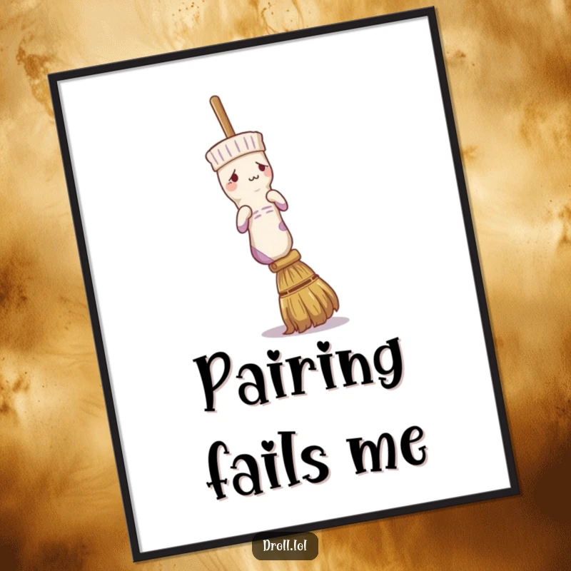 Funny digital art of a confused sock trying to get on a broom handle, a humorous and quirky wall decoration.