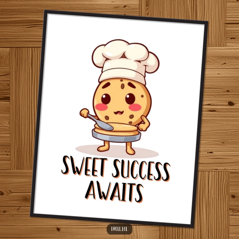Funny cookie chef wearing a hat, flipping pancakes in mid-air, humorous digital art.