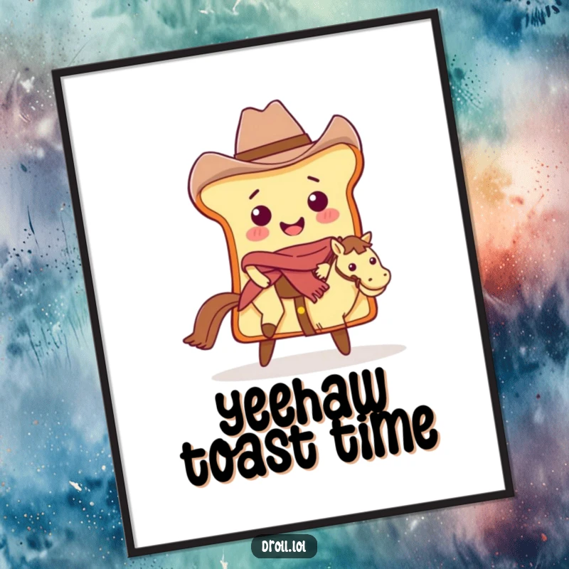 Funny Cowboy Bread Digital Art: A bread slice cowboy riding a butter pat, charming printable art.