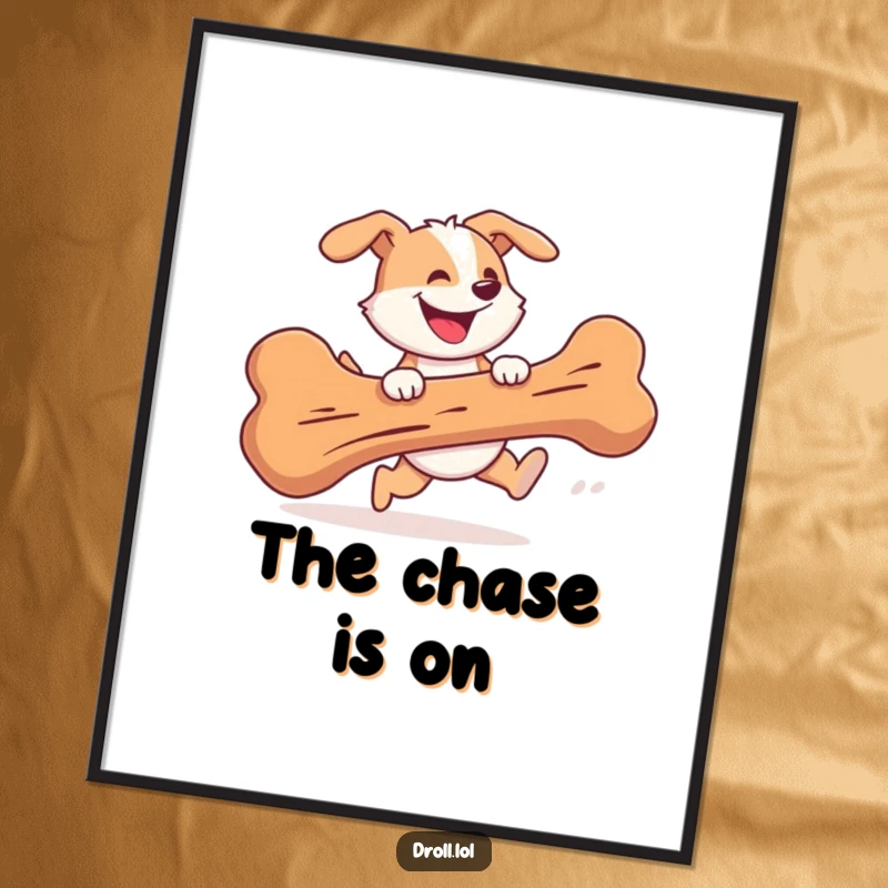Funny Digital Art Print of a cheerful dog gleefully chasing a giant bone with a silly grin, offering instant fun.