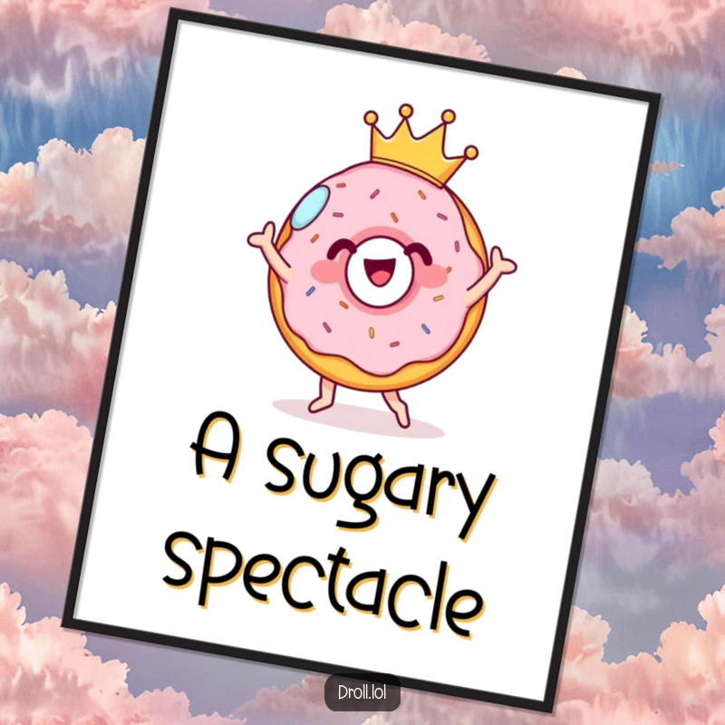 Funny cheerful donut wearing a tiny crown, performing a silly dance, presented as downloadable digital art.