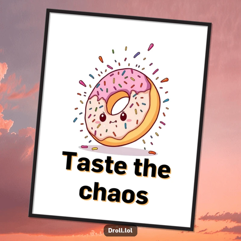 Funny digital art print of a donut character dramatically falling, with a colorful explosion of sprinkles creating a sweet, dynamic, and humorous scene.