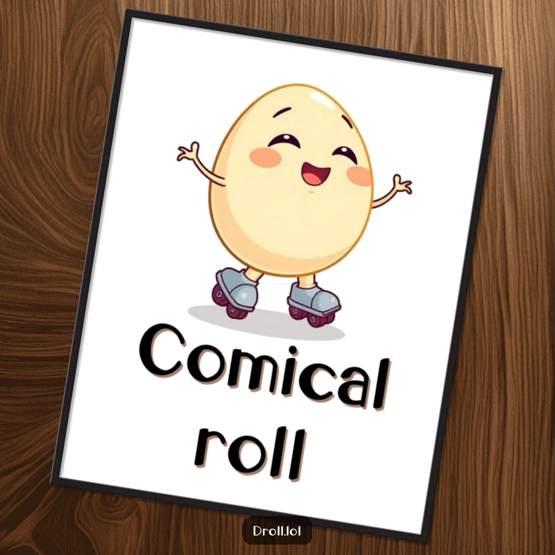 Funny digital art: a giggling egg on roller skates comically falling, capturing a moment of pure, clumsy amusement for instant joy.