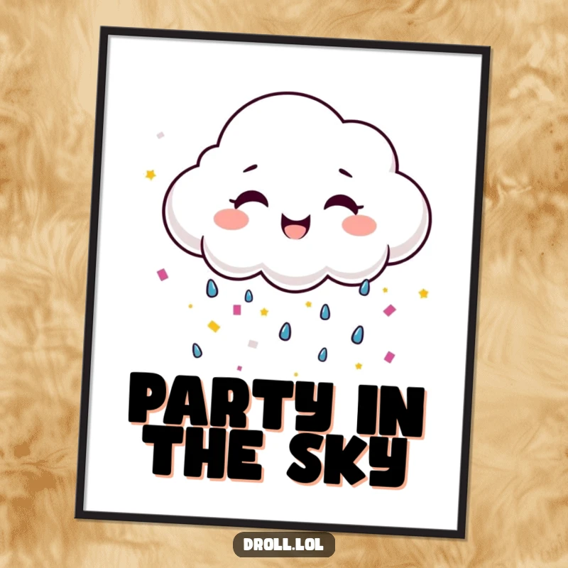 Funny happy cloud with a wide smile raining colorful confetti, humorous digital art for instant joy.