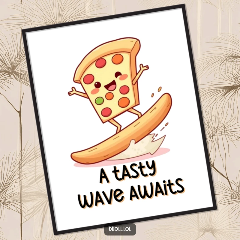 Funny digital art print of a pizza slice surfing a giant breadstick, a whimsical and humorous piece for digital display.